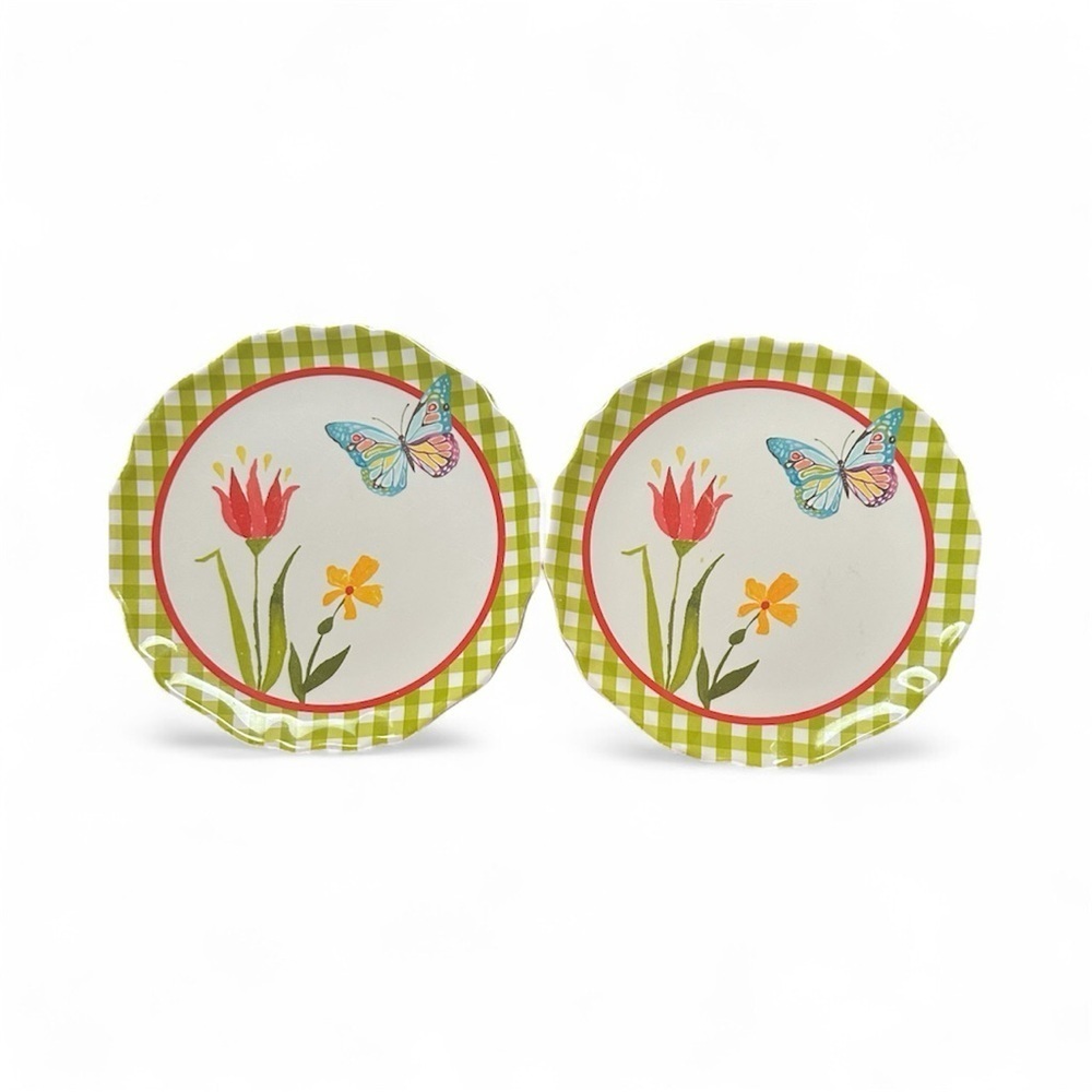 Home Butterfly Floral Melamine 9” Salad Plates Cottagecore Gingham